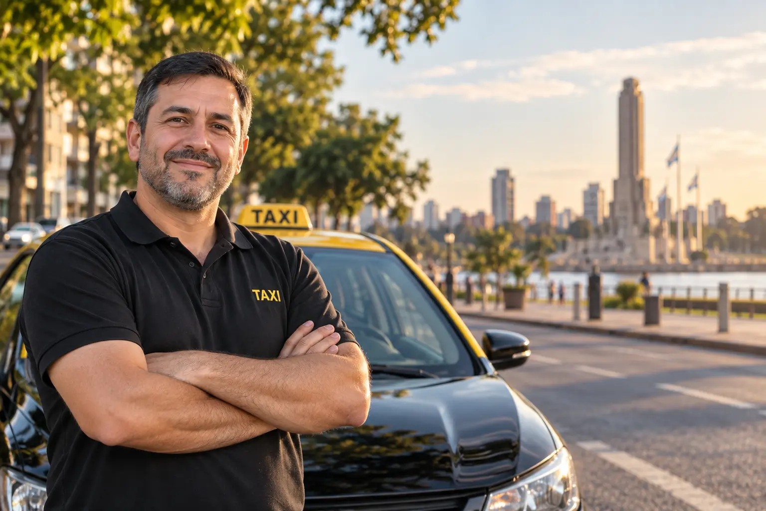 Taxista de Rosario junto a su vehículo